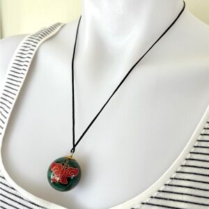 Vintage green Chinese butterflies cloisonne chime ball long necklace with box